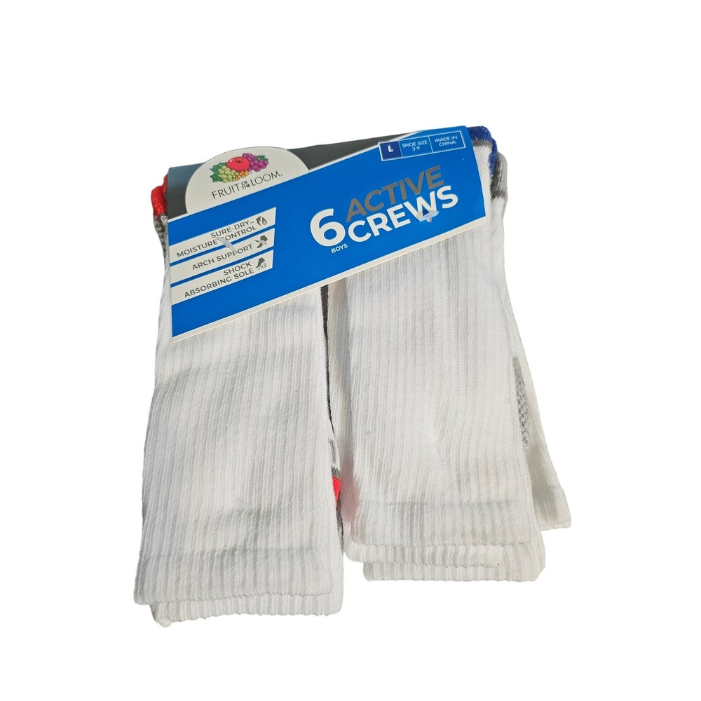 Fruit of the Loom Active Crew Socks Boys Large White 6 Pack Moisture Control